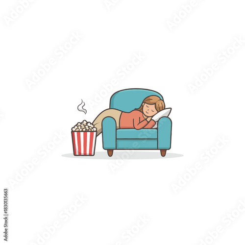 Illustration of a woman napping on an armchair with popcorn creating a relaxing scene to unwind
