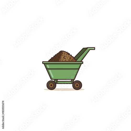 Illustration showcasing a green wheelbarrow loaded with soil conveying gardening and construction