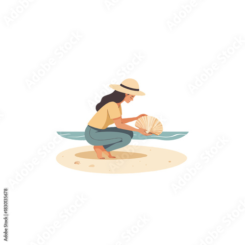 Illustrative depiction of a relaxed young woman examining a seashell by the serene seaside