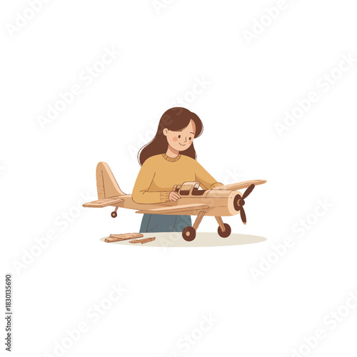 Intricate wooden airplane assembly a delightful young woman focuses with passion to make a