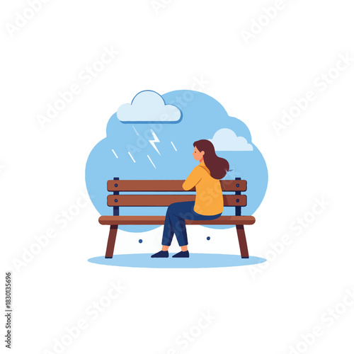 Introspective solitude a girl sits on a park bench during a storm reflecting emotional turbulence