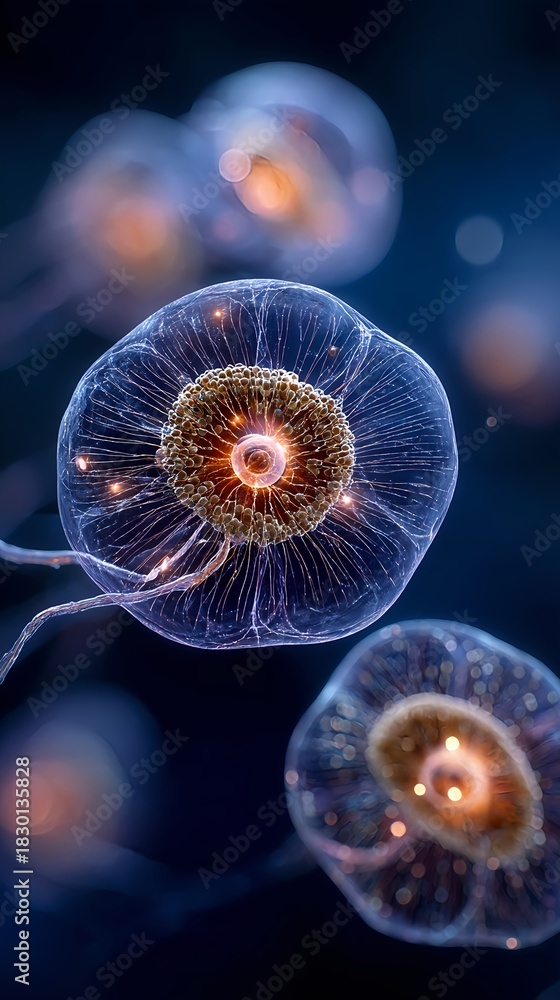 Fototapeta premium Microscopic view of glowing biological cells and neural networks under deep blue light