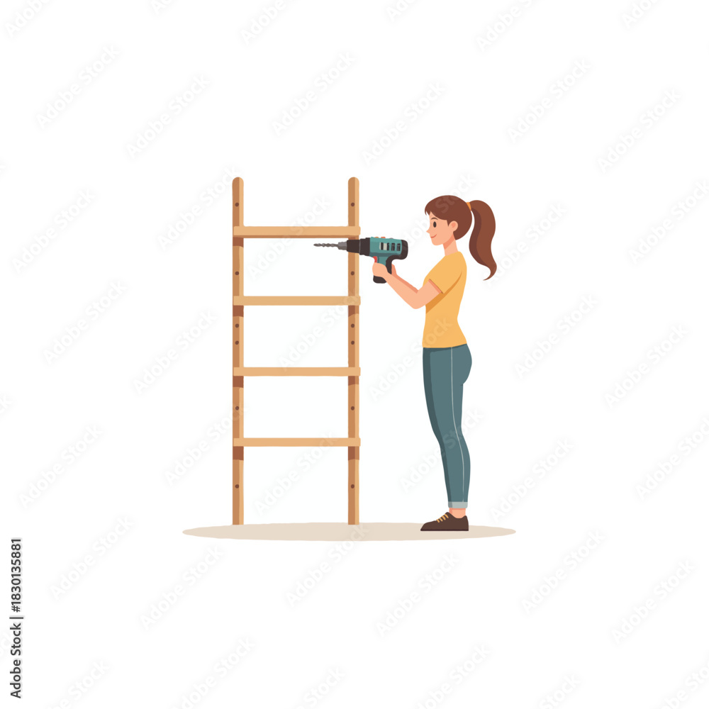 Naklejka premium Woman assembling wooden shelving unit with power drill showing diy skills and home improvement