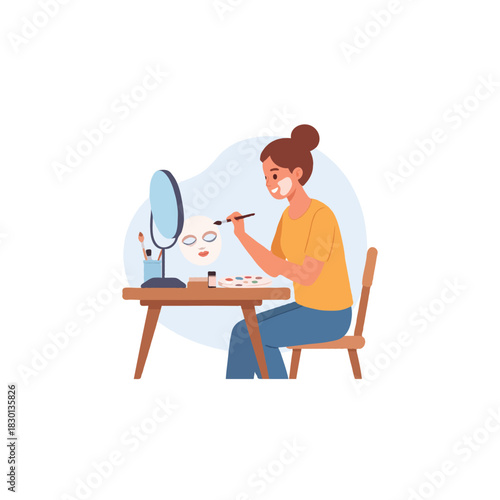 The vibrant morning ritual a woman doing her makeup with a mirror on the desk at home