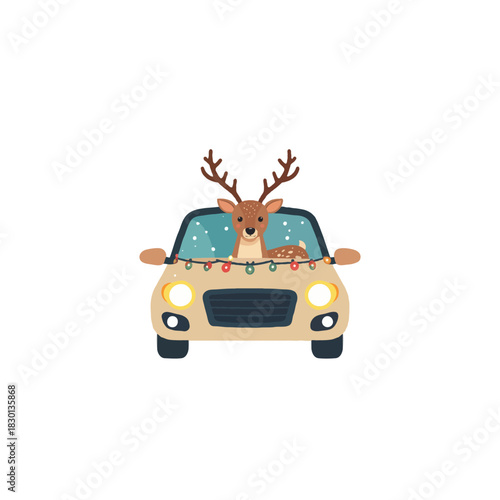 Whimsical holiday travel with festive reindeer driver delivering cheer in illuminated car adorned