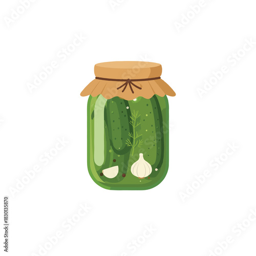 Whimsical jar of homemade pickles illustration showcasing classic fermentation ingredients with an