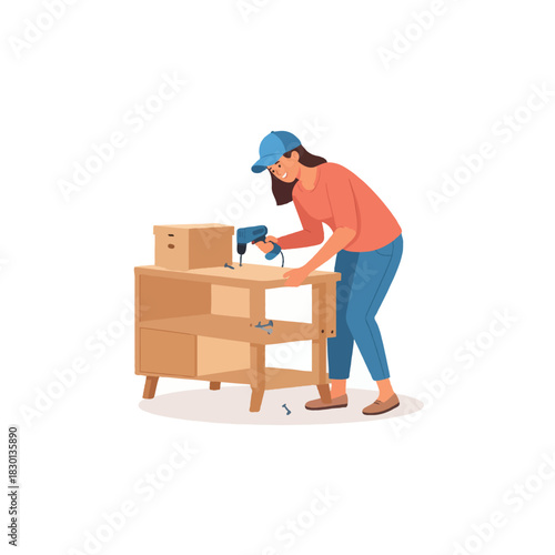 Woman assembling furniture at home showcasing diy project with screwdriver and wooden materials