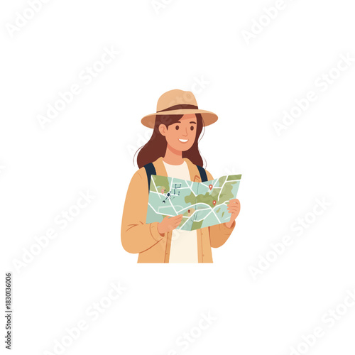 Young woman with hat holding map exploring for vacation adventure trip planning for her