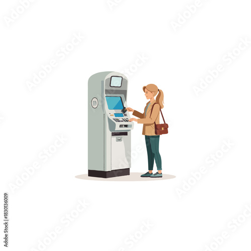Young woman using an automated teller machine for banking operations and financial transactions