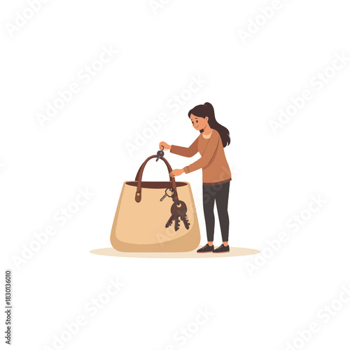 Young woman retrieves keys from her beige tote bag ready to go to work or school this morning for