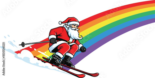 Santa claus skiing down a rainbow isolated on