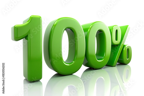 Shiny green 3 D 100 percent symbol with reflection isolated on a transparent background percentage number