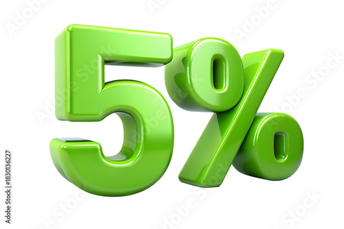 Shiny green 3 D five percent symbol with realistic lighting and reflections isolated on a transparent background