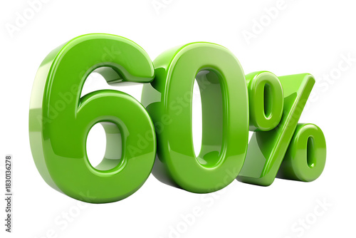 Shiny green 3 D sixty percent symbol with realistic lighting and shadows isolated on a transparent background