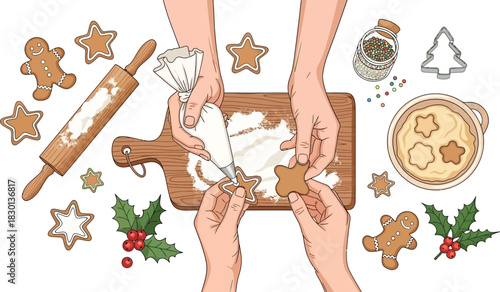 Hands decorating gingerbread cookie with icing on