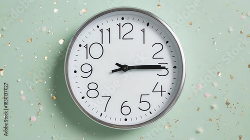 A classic clock on a mint background with confetti scattered around