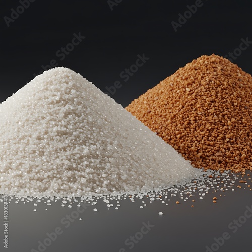 Two Piles of Granular Substances White Crystalline and Brown Dehydrated Material on Dark Gray Background for Food and Industrial Applications