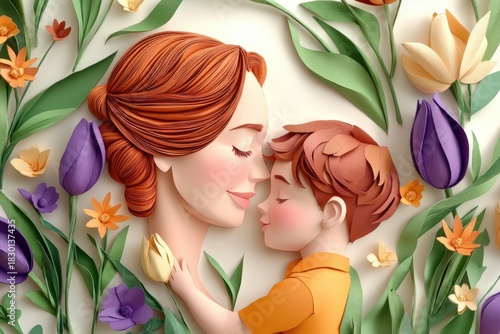 Paper sculpture portrays deep affection between a mother figure and a young child surrounded by colorful blooms