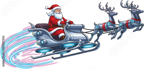 Futuristic santa claus riding high tech sleigh pulled by reindeer