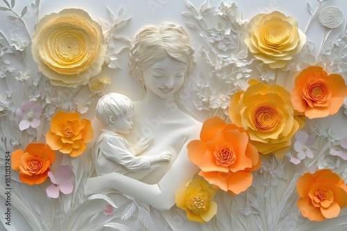 Sculpted mother embraces sleeping infant amidst intricate paper floral arrangement