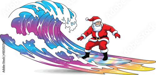 Santa claus surfing a colorful wave isolated on