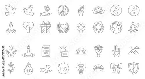 Collection of HandDrawn Icons Representing Peace Love and Positivity. Vector Illustrations. EPS Editable