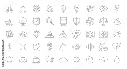Collection of HandDrawn Icons Representing Mindfulness Ideas and Wellbeing. Vector Illustrations. EPS Editable