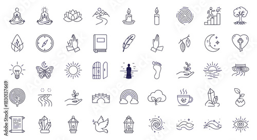 Collection of HandDrawn Icons Representing Spirituality and Wellness. Vector Illustrations. EPS Editable