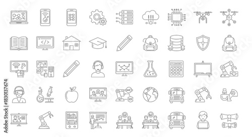 Collection of HandDrawn Icons Representing Technology and Education Concepts. Vector Illustrations. EPS Editable