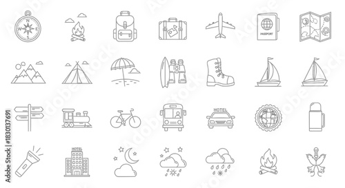 Collection of HandDrawn Travel and Adventure Icons. Vector Illustrations. EPS Editable