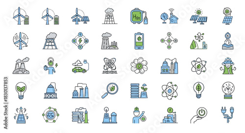 Collection of Icons Representing Renewable Energy and Technology Concepts. Vector Illustrations. EPS Editable