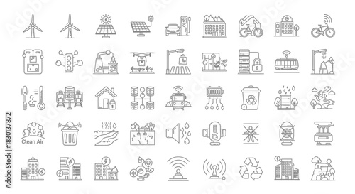 Collection of Icons Representing Sustainable Energy and EcoFriendly Technologies. Vector Illustrations. EPS Editable