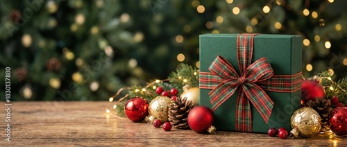 Green plaid ribbon wrapped christmas gift box on rustic wooden plank, surrounded by red and gold baubles, cranberries and pine, with soft bokeh tree lights behind