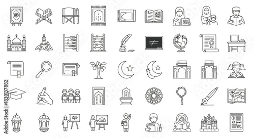 Collection of Islamic and Educational Icons in a Grid Layout. Vector Illustrations. EPS Editable
