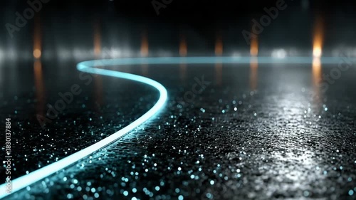 Glowing Blue Line on Wet Surface with Reflections