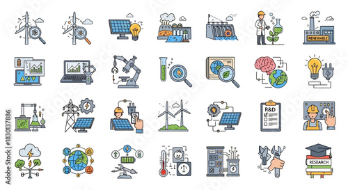 Collection of Icons Representing Science Technology and Environment. Vector Illustrations. EPS Editable