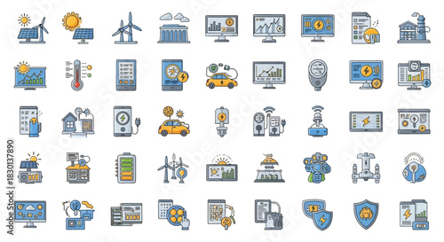 Collection of Icons Representing Technology and Innovation. Vector Illustrations. EPS Editable