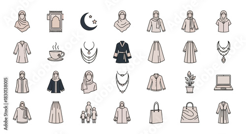 Collection of Islamic Fashion and Lifestyle Icons. Vector Illustrations. EPS Editable