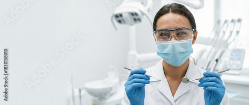 Female dentist in protective mask and glasses holding dental instruments, smiling, providing professional oral care with clean dental clinic equipment in the background