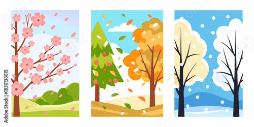 Four seasons illustration spring summer autumn and winter landscape set