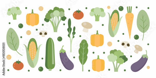 Flat lay of fresh vegetables on a white background