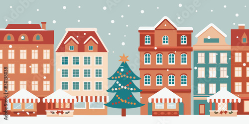 Festive christmas market scene with snowfall and decorated tree