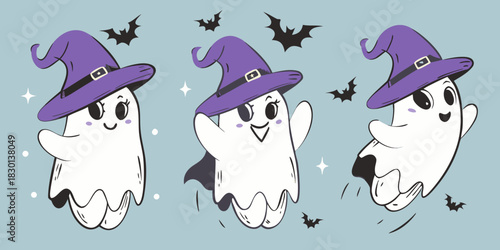 Cute halloween ghosts wearing witch hats with bats and stars