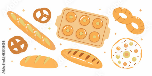 Artistic bakery illustration with baguettes pretzels donuts and buns