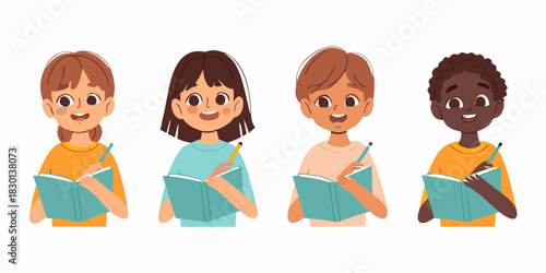 Diverse group of children studying and writing in notebooks illustration