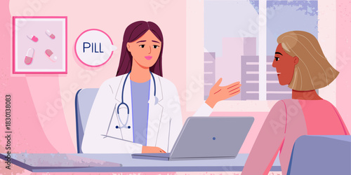 Doctor explaining medication to patient in office consultation with laptop