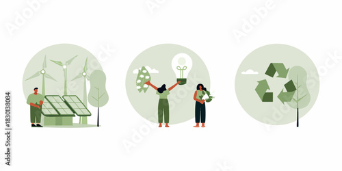 Sustainable energy recycling and green initiatives illustrated with people and icons