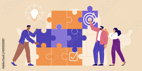 Teamwork and collaboration people building puzzle with idea target and checklist icons
