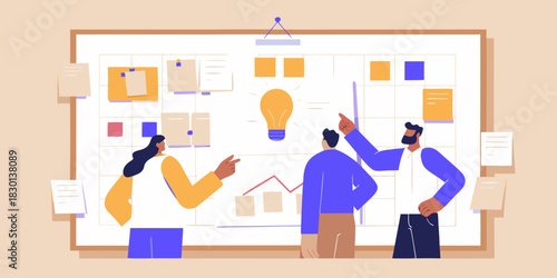 Team collaboration and brainstorming session with a project board and lightbulb idea