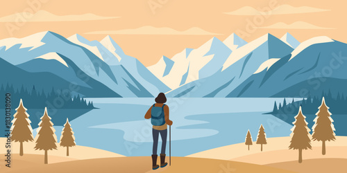 Woman hiker enjoying mountain lake view with backpack and walking stick